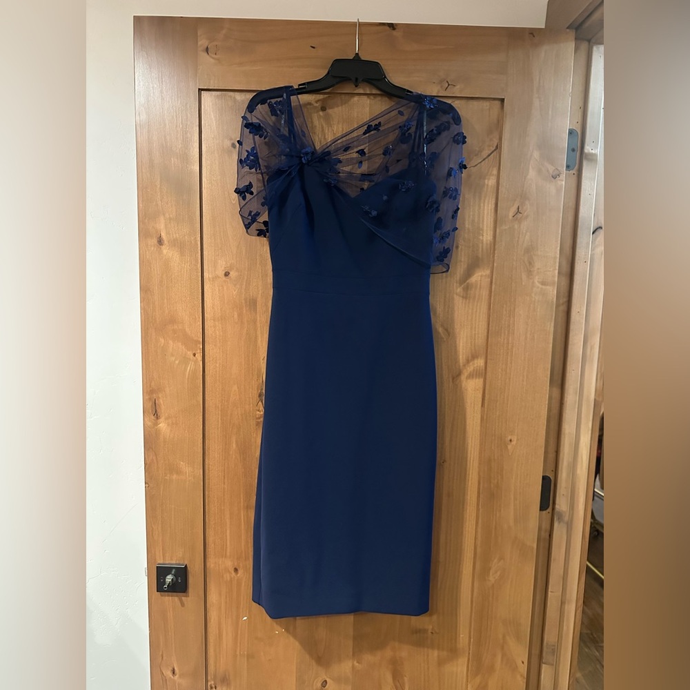 Theia Gia Navy Midi Dress with Embellished Mesh Capelet - Picture 2 of 6